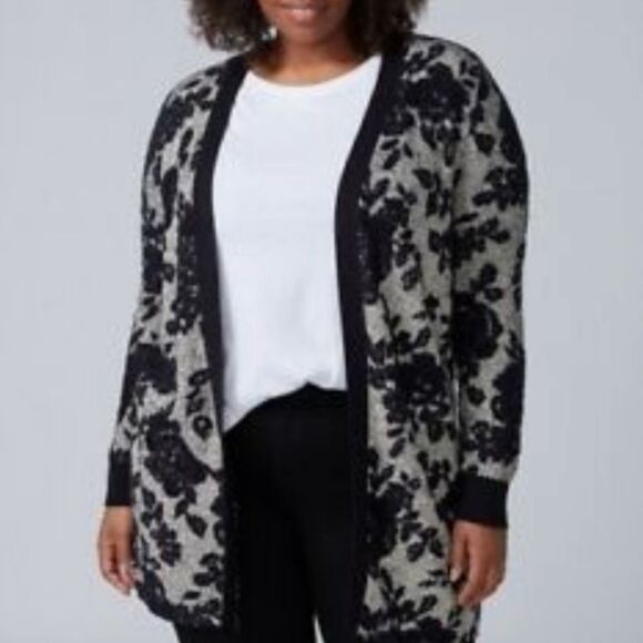 LANE BRYANT | Floral Longline Open Front Cardigan Black/Gray Women’s Size 14/16 - Picture 1 of 9